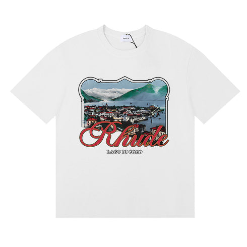 Rhude T-shirts Lake Como Lakeside Town Printed Cotton Casual Short Sleeves Men and Women