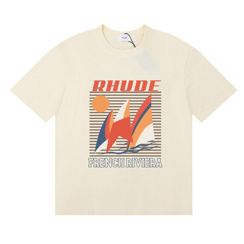 Rhude T-shirts Sailing Sunset Print Cotton Casual Crew Neck Short Sleeve Men and Women