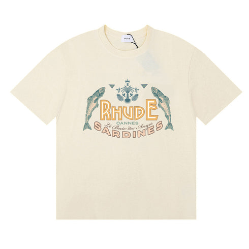 Rhude T-shirts Sardines Badge Printing Cotton Casual Short Sleeve Men and Women