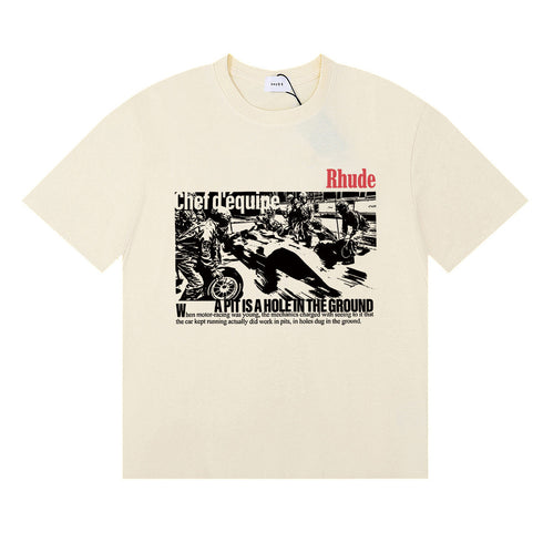 Rhude T-shirts Racing Tire Change Scene Printed Cotton Casual Short Sleeves Men and Women