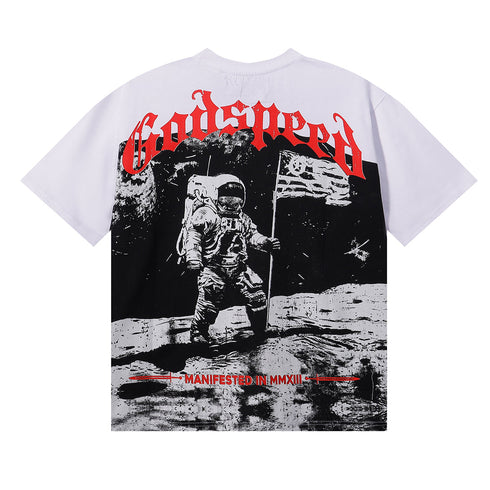 Godspeed T-shirts Astronaut Moon Landing Print Cotton Casual Short Sleeve Men and Women