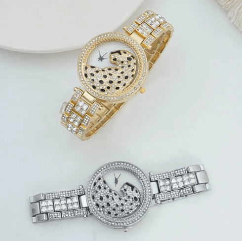 18k Gold Quartz Diamond Leopard Watch