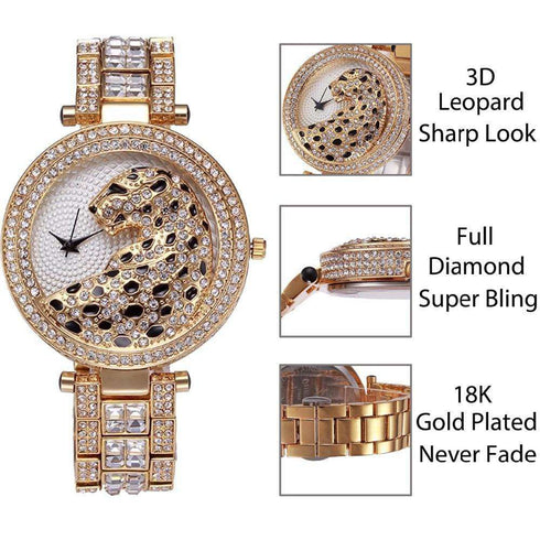 18k Gold Quartz Diamond Leopard Watch