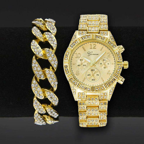 Gold Bling Watch + Cuban Chain Bracelet Set