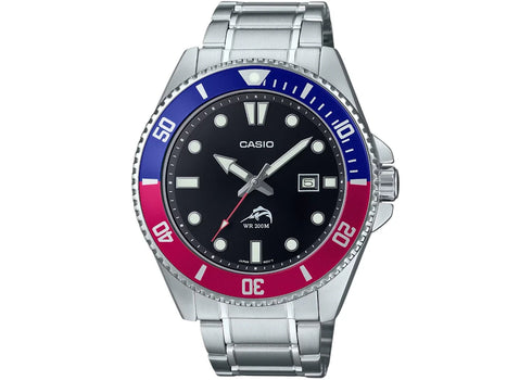 Casio Men’s Stainless Steel Dive Watch with Black Dial and Blue-Red Accents MDV-106DD-1A2VCF