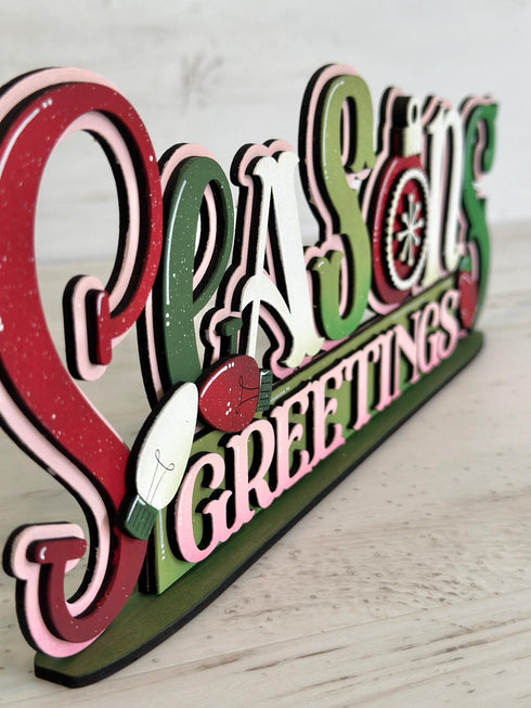 Seasons Greetings Shelf Sitter Christmas Standing Sign File SVG, Santa, Elf, Mantle decor, Centerpiece, glowforge, LuckyHeartDesignsCo