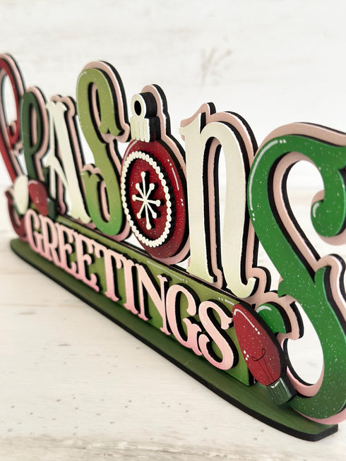 Seasons Greetings Shelf Sitter Christmas Standing Sign File SVG, Santa, Elf, Mantle decor, Centerpiece, glowforge, LuckyHeartDesignsCo
