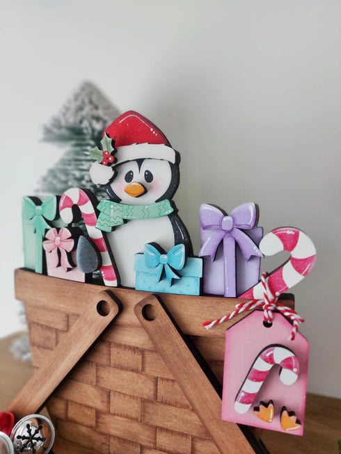 Penguin Christmas For The Flower Basket Interchangeable File SVG, TINY Santa Candy Cane Presents Tiered Tray, Glowforge, LuckyHeartDesignsCo