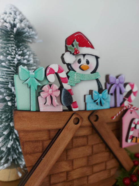 Penguin Christmas For The Flower Basket Interchangeable File SVG, TINY Santa Candy Cane Presents Tiered Tray, Glowforge, LuckyHeartDesignsCo