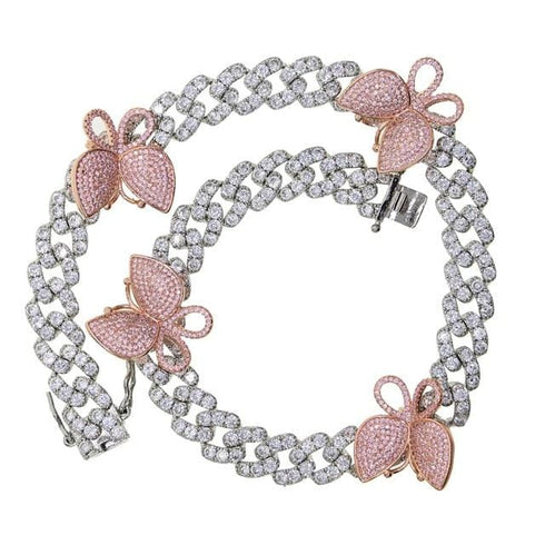 12MM Miami cuban link chain pink butterfly choker