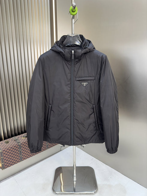 Prada Hooded Puffer Jacket with Triangle Chest Badge