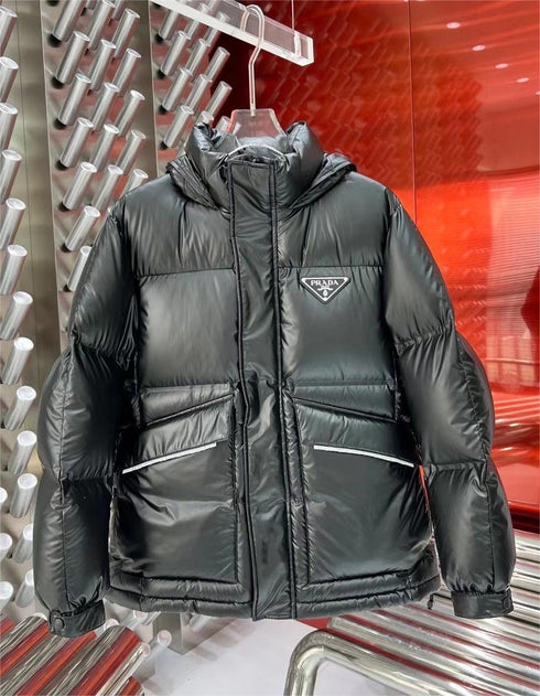 Prada Black Hooded Glossy Quilted Puffer Jacket