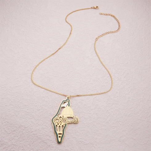 Palestine Dome Map Stainless Steel Pendant Necklace with Diamond Accents