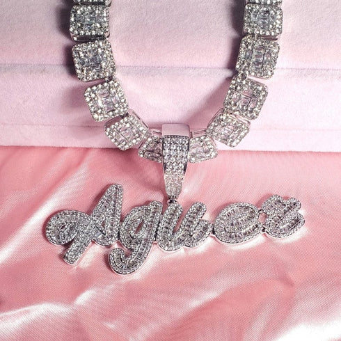 Custom Brush Script Name Pendant with FREE Baguette Tennis Chain