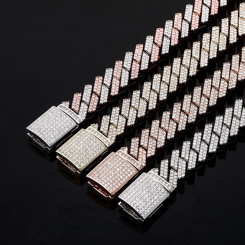 12mm Diamond Prong Cuban Chain Two Tone Rose Gold & Silver