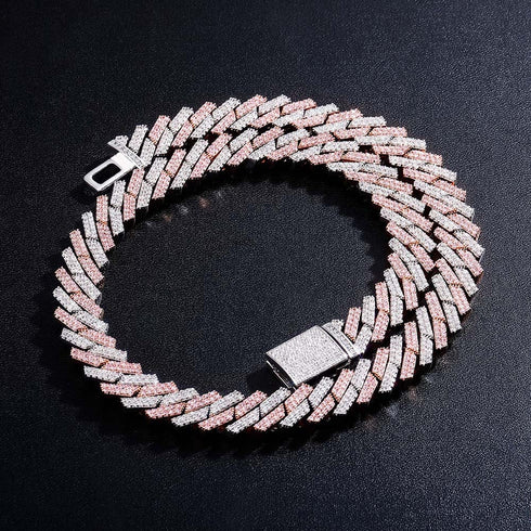 12mm Diamond Prong Cuban Chain Two Tone Rose Gold & Silver