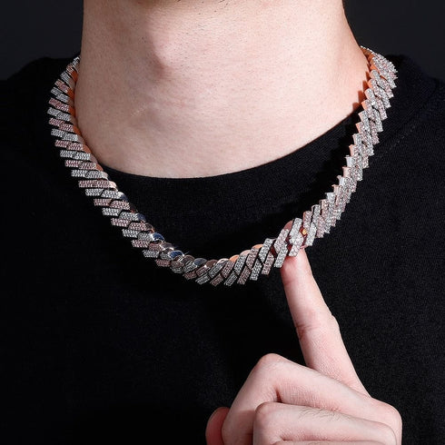12mm Diamond Prong Cuban Chain Two Tone Rose Gold & Silver