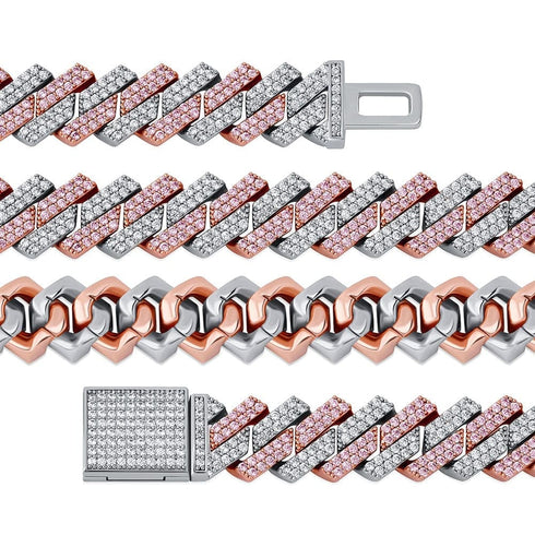 12mm Diamond Prong Cuban Chain Two Tone Rose Gold & Silver