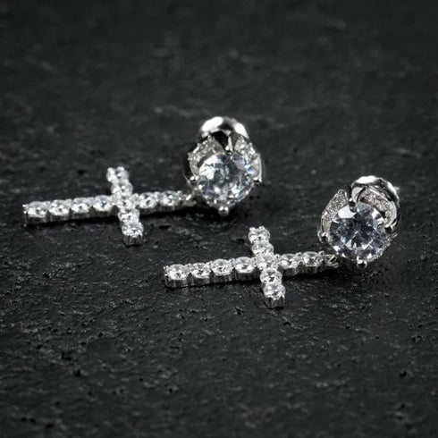 14K Solid Gold Cross Round Moissanite Earrings