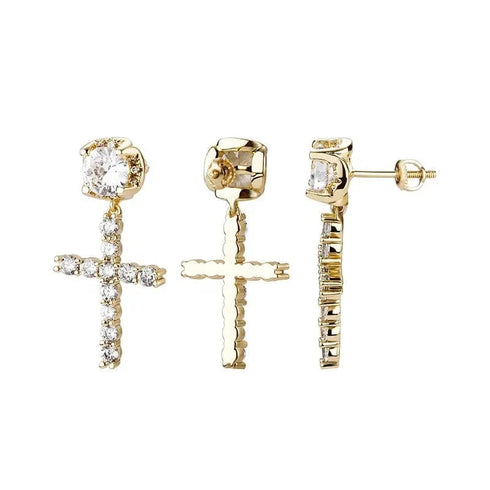 14K Solid Gold Cross Round Moissanite Earrings