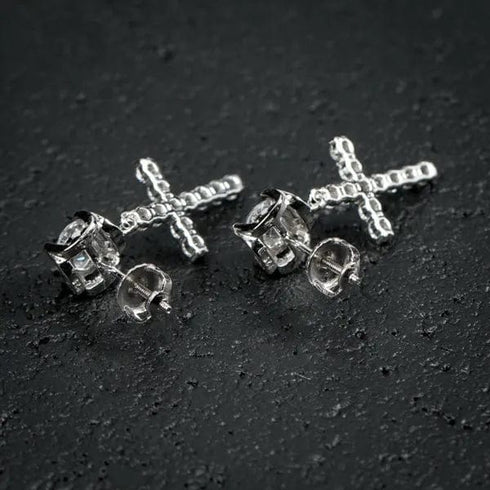 14K Solid Gold Cross Round Moissanite Earrings