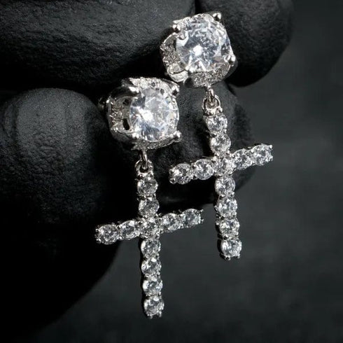 14K Solid Gold Cross Round Moissanite Earrings