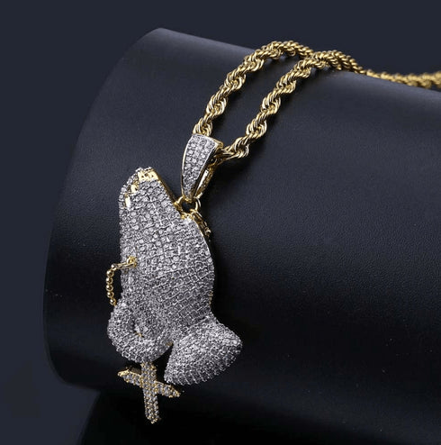 Iced Praying Hands Cross Pendant Chain