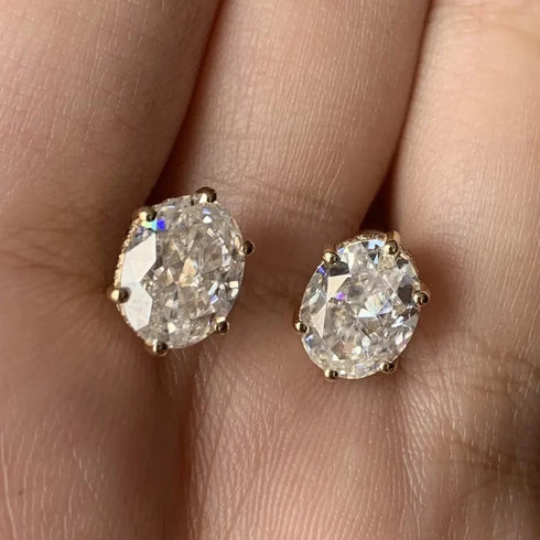 18K Solid Gold 2CT Oval Crushed Cut Moissanite Stud Earrings