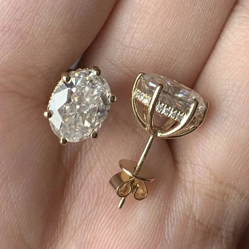 18K Solid Gold 2CT Oval Crushed Cut Moissanite Stud Earrings