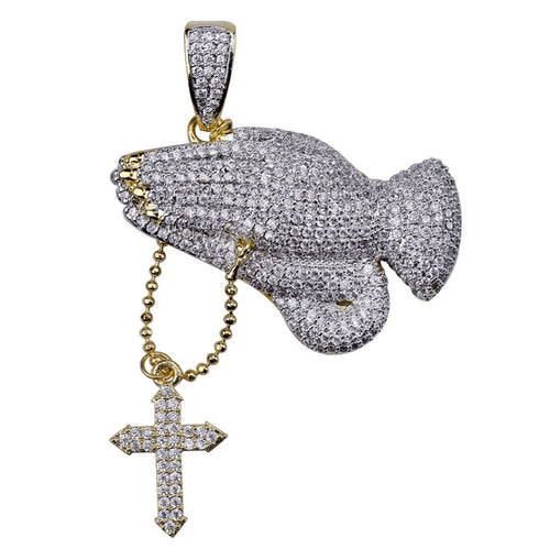 Iced Praying Hands Cross Pendant Chain