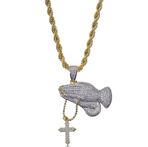 Iced Praying Hands Cross Pendant Chain