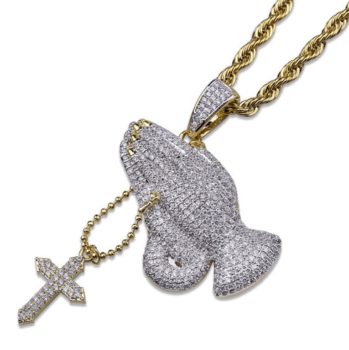 Iced Praying Hands Cross Pendant Chain
