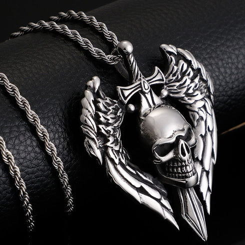 316L Stainless Steel Vintage Skull Sword Wings Pendant - BOGO