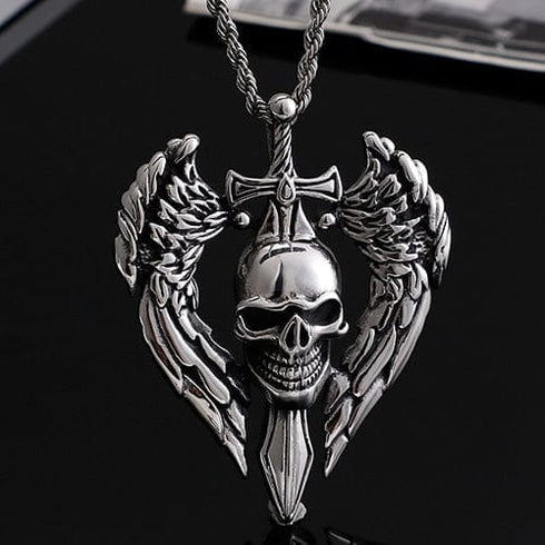 316L Stainless Steel Vintage Skull Sword Wings Pendant