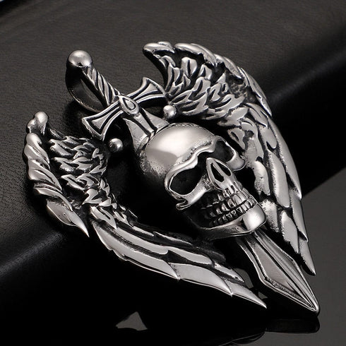 316L Stainless Steel Vintage Skull Sword Wings Pendant - BOGO