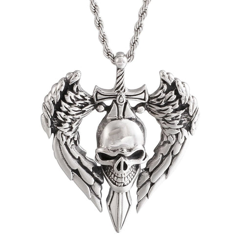 316L Stainless Steel Vintage Skull Sword Wings Pendant - BOGO