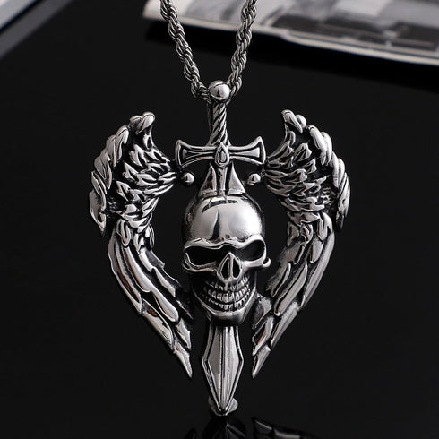 316L Stainless Steel Vintage Skull Sword Wings Pendant