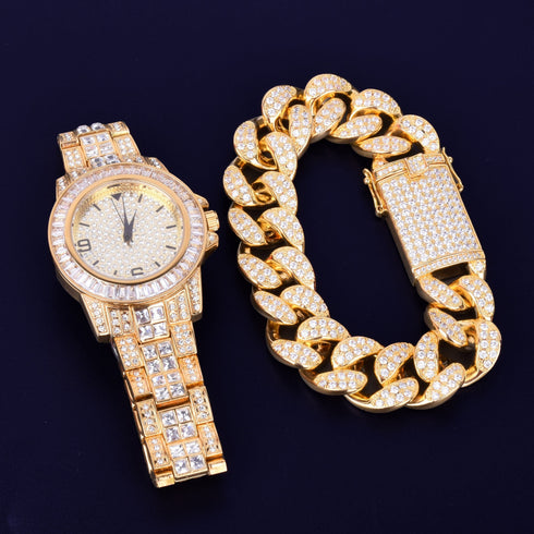 40mm Dial Iced Baguette Military Watch with Cuban Bracelet Bundle