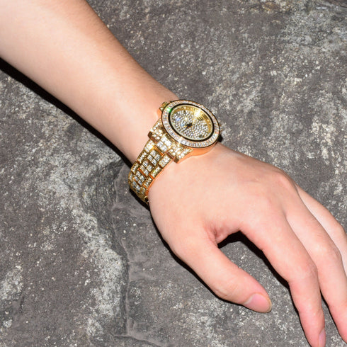 40mm Dial Iced Baguette Military Watch with Cuban Bracelet Bundle