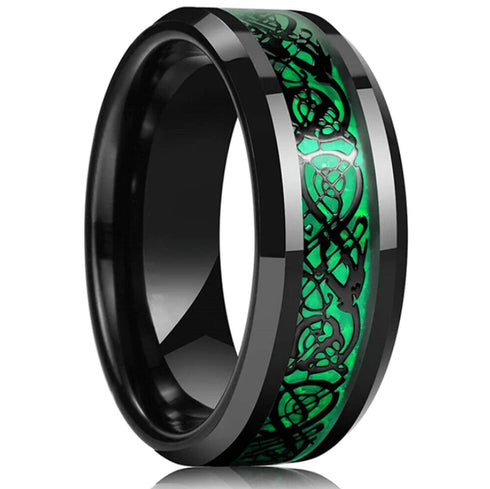 8MM Black Tungsten Men's Wedding Band with Green Celtic Dragon Inlay
