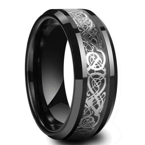 8MM Black Tungsten Men's Wedding Band with Silver Celtic Dragon Inlay