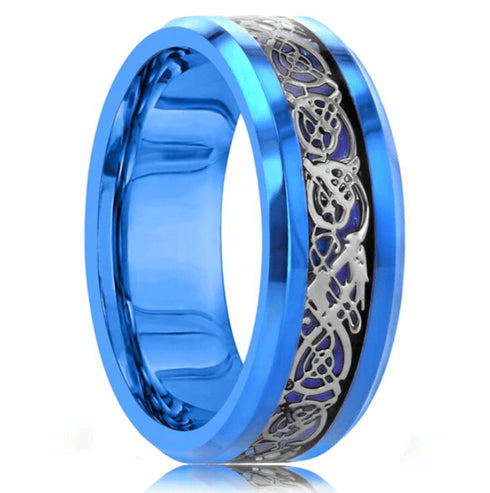 8MM Blue Tungsten with Silver Celtic Dragon Inlay