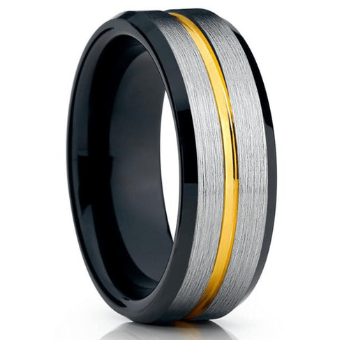 Black Brushed Silver 8MM Gold Tungsten Carbide Ring