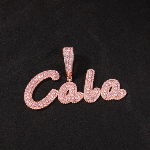 VVS Jewelry Custom Name Brush Cursive Baguette Pendant and Chain
