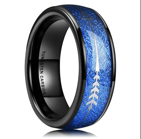 Tungsten Carbide 8MM Black Ring Blue Meteorite Inlaid Arrow Wedding Jewelry