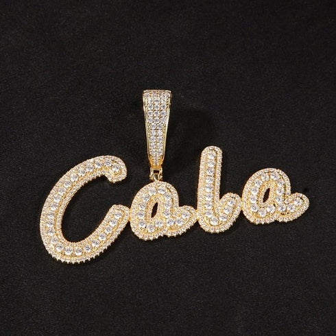 VVS Jewelry Custom Name Brush Cursive Baguette Pendant and Chain