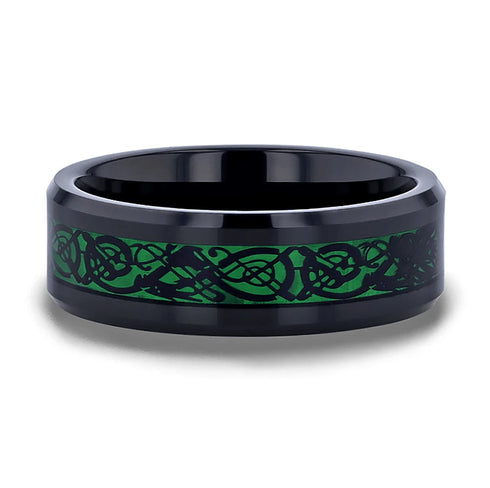 8MM Black Tungsten Men's Wedding Band with Green Celtic Dragon Inlay