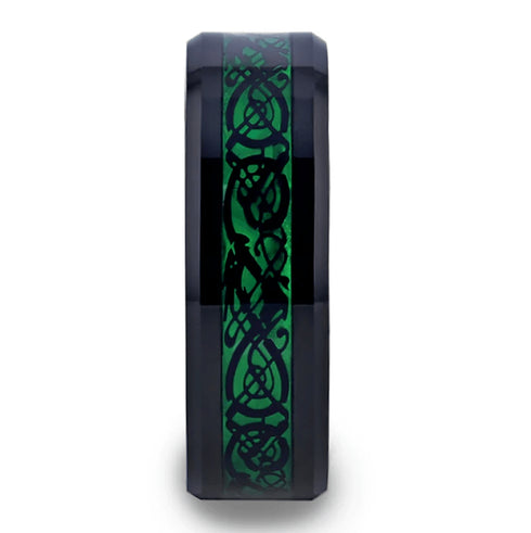 8MM Black Tungsten Men's Wedding Band with Green Celtic Dragon Inlay
