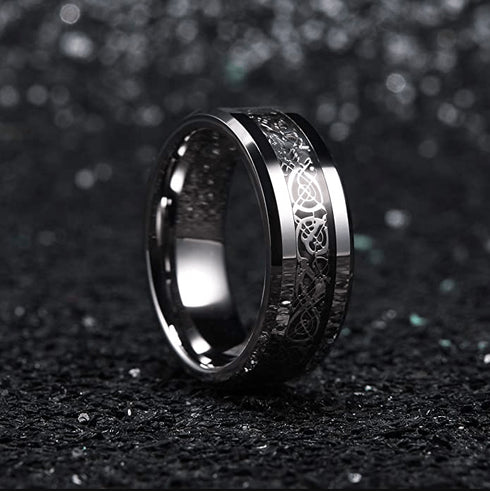 8MM Black Tungsten Men's Wedding Band with Silver Celtic Dragon Inlay