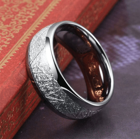 8MM Gold/Silver Tungsten Carbide with Vintage Meteorites Pattern Inlay Wedding Band Ring